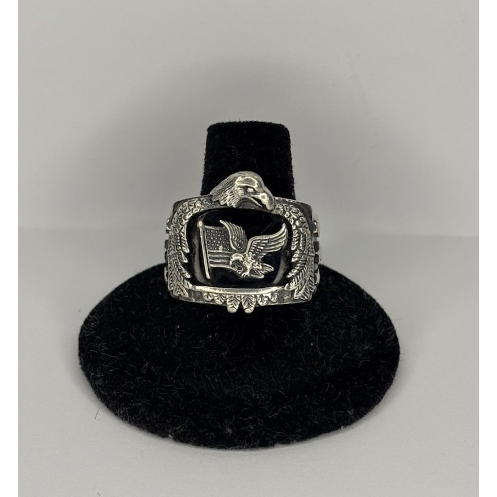 Heavy Sterling Silver American Eagle US Flag Ring Black Onyx BGE 925 Patriotic